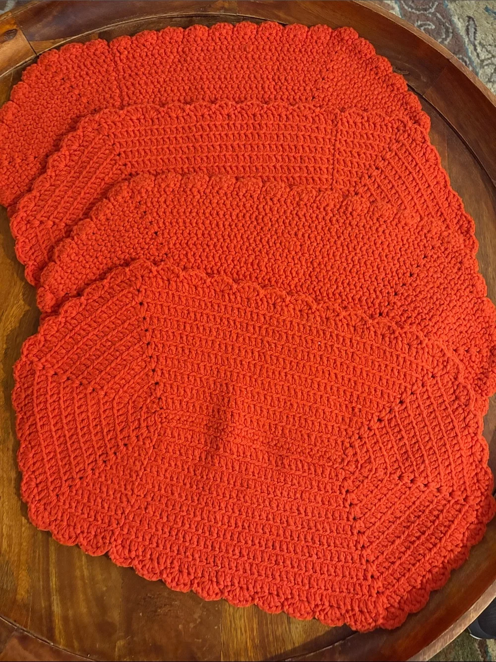 Vintage Orange Crochet Scalloped Edge Placemats Set of 4 1970s/1980s